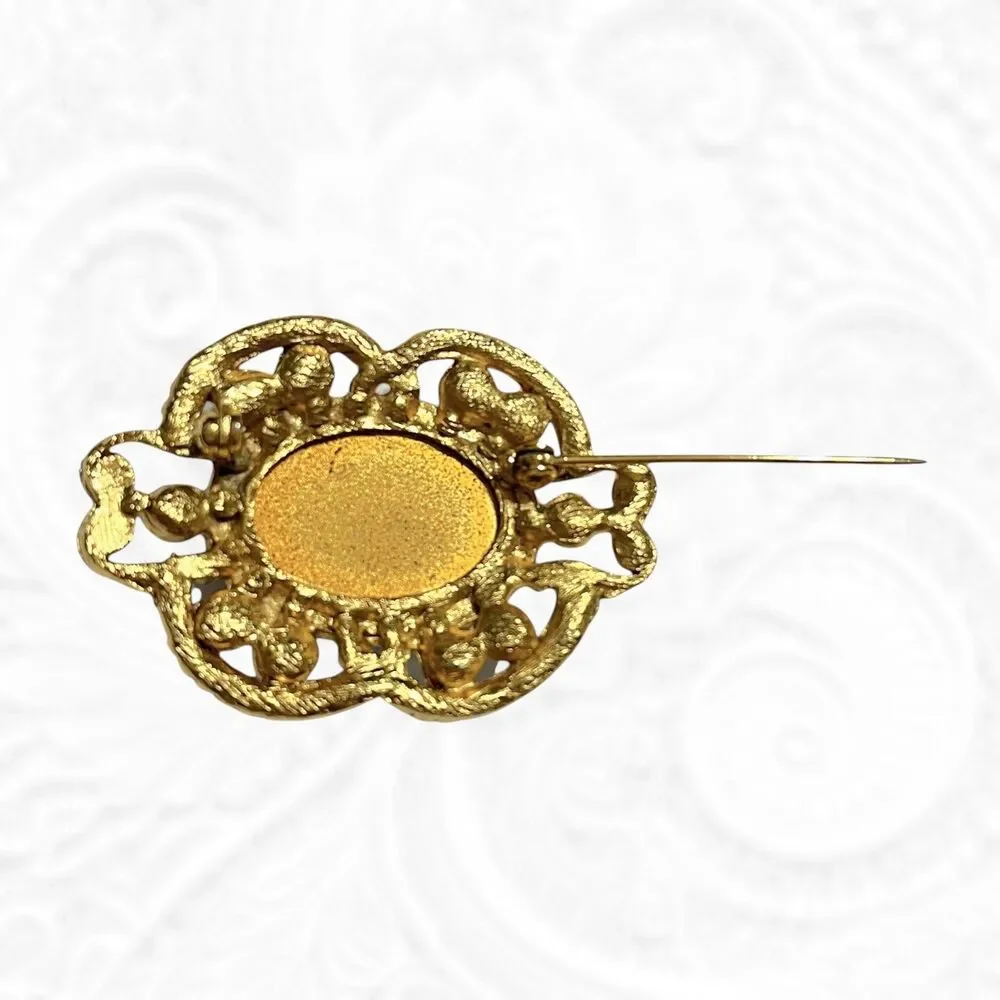 Vintage Brooch Pin Gold Tone Blue Oval Cabochon Imitation Pearl Accent Jewelry